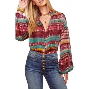 RAMY BROOK Vance Balloon Sleeve Semi Sheer Metallic Button Down Blouse Top Small